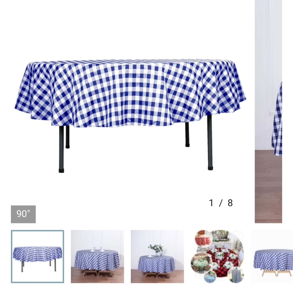 (4) Polyester 90" round white/navy blue checkered buffalo plaid table cloths